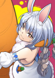 Rule 34 | 1girl, animal ear fluff, animal ears, back, blue dress, blue hair, bow, braid, brown hair, carillus, carrot, don-chan (usada pekora), dress, food, food in pocket, food on hair, from above, fur-trimmed dress, fur trim, hair bow, highres, holding, holding food, hololive, hug, looking at viewer, multicolored hair, oversized food, oversized object, rabbit ears, red background, simple background, solo, twin braids, twintails, twitter username, two-tone hair, usada pekora, usada pekora (1st costume), virtual youtuber, white hair