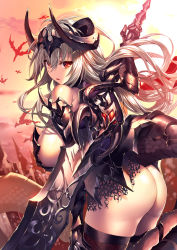 Rule 34 | 1girl, armor, ass, bare shoulders, blush, breasts, chainmail, dragon, dragon girl, dragon horns, dragon tail, floating hair, from side, gauntlets, greatsword, grey hair, hair ornament, heirou, holding, holding weapon, horns, huge breasts, large breasts, long hair, looking at viewer, looking back, open mouth, original, outdoors, red eyes, sideboob, skindentation, smile, solo, sunset, sword, tail, thighhighs, weapon