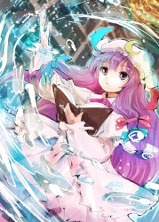 Rule 34 | 1girl, book, bookshelf, capelet, coat, crescent, grimoire, hair ribbon, hat, library, long hair, long sleeves, makuwauri, mob cap, open clothes, open coat, open mouth, patchouli knowledge, purple eyes, purple hair, ribbon, solo, touhou, tress ribbon, very long hair