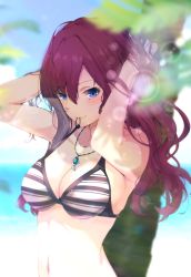Rule 34 | 1girl, antenna hair, arms up, bare arms, beach, bikini, blue eyes, blue sky, blush, breasts, cleavage, day, hair tie, hair tie in mouth, hand in own hair, hand on own head, highres, ichinose shiki, idolmaster, idolmaster cinderella girls, jewelry, long hair, looking at viewer, medium breasts, mouth hold, navel, ocean, outdoors, palm tree, pendant, red hair, ryuu., sky, smile, solo, striped bikini, striped clothes, swimsuit, tree