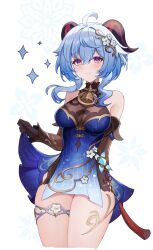 Rule 34 | 1girl, absurdres, bare shoulders, black gloves, blue dress, blue hair, breasts, commentary request, cowboy shot, dress, elbow gloves, ganyu (genshin impact), ganyu (twilight blossom) (genshin impact), genshin impact, gloves, highres, horns, long hair, looking at viewer, medium breasts, official alternate costume, purple eyes, short dress, sinonomemikann, smile, solo, standing, thighs, white background