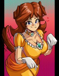 Rule 34 | 1girl, absurdres, animal ears, blue eyes, breasts, brooch, brown hair, cleavage, collar, dog ears, dog tail, dress, flower brooch, freckles, gloves, highres, jewelry, large breasts, mario (series), moxydraws, nintendo, orange dress, princess daisy, solo, tail, white gloves