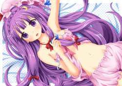 Rule 34 | 1girl, bed sheet, bloomers, blush, bow, bra, braid, crescent, crescent hair ornament, female focus, groin, hair bow, hair ornament, hat, lingerie, long hair, looking at viewer, lying, navel, neats, on back, open mouth, patchouli knowledge, polka dot, purple eyes, purple hair, solo, strap slip, touhou, underwear