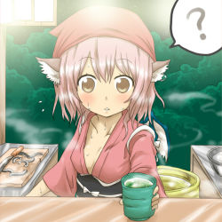 Rule 34 | 1girl, ?, animal ears, blush, breasts, brown eyes, cleavage, collarbone, counter, cup, cutting board, downblouse, dress, ear piercing, earrings, eel, face, female focus, forest, hat, head scarf, japanese clothes, jewelry, knife, mystia lorelei, nature, night, no bra, nobamo pieruda, obi, okamisty, piercing, pink dress, pink hair, sash, short hair, sky, small breasts, solo, star (sky), steam, sweat, tasuki, tea, teacup, touhou, wings