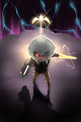 Rule 34 | 1boy, arm cannon, boots, chibi, claus (mother 3), dark, energy, energy sword, expressionless, fighting stance, glowing, glowing eyes, helmet, highres, jacket, looking at viewer, male focus, masked man (mother 3), mother (game), mother 3, nintendo, shadow, solo, spoilers, sword, the seven needles (mother 3), wasabi (legemd), weapon