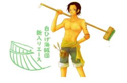 Rule 34 | 1boy, broom, freckles, hand on own hip, hip focus, male focus, one piece, portgas d. ace, sash, topless male, shorts, solo, standing, whale