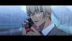 Rule 34 | 1boy, amuro tooru, bespectacled, black necktie, blonde hair, blouse, blue eyes, blurry, blurry background, bow, broken eyewear, cellphone, collared shirt, commentary request, depth of field, dripping, formal, glasses, grey jacket, grey suit, hair between eyes, hands up, highres, holding, holding bow (ornament), holding phone, jacket, k (gear labo), letterboxed, looking to the side, male focus, meitantei conan, necktie, open mouth, outdoors, phone, portrait, rain, red bow, shirt, smile, solo, suit, talking on phone, water drop, white shirt