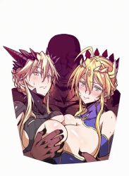 Rule 34 | 1boy, 2girls, animated, animated gif, artoria pendragon (fate), artoria pendragon (lancer) (fate), artoria pendragon (lancer alter) (fate), bare shoulders, black bodysuit, blonde hair, blue leotard, blush, bodysuit, braid, grabbing another&#039;s breast, breast press, breasts, center opening, cleavage, cleavage cutout, clothing cutout, crown, dark-skinned male, dark skin, detached sleeves, dual persona, elbow gloves, fate/grand order, fate (series), french braid, gloves, grabbing, hair between eyes, hair ornament, hetero, horns, large breasts, leotard, long hair, looking at viewer, multiple girls, no bra, revealing clothes, s doubt90, sideboob, sidelocks, symmetrical docking, underboob, wavy mouth, yellow eyes