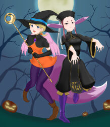 Rule 34 | 2girls, angel wings, animal ears, black hair, blonde hair, blue eyes, breasts, breath of fire, breath of fire iv, closed mouth, dress, earrings, eyeshadow, feathered wings, food-themed hair ornament, gurata, hair ornament, halloween, halloween costume, hat, highres, holding, holding staff, jack-o&#039;-lantern, jewelry, makeup, multiple girls, nina (breath of fire iv), open mouth, orange dress, pink wings, pumpkin, pumpkin hair ornament, short hair, smile, staff, tail, ursula (breath of fire), very short hair, wings