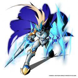 Rule 34 | alternate costume, armor, aura, blonde hair, blue cape, cape, digimon, dukemon, electricity, full body, highres, holding, holding polearm, holding weapon, keyliom, knight, long hair, polearm, shoulder armor, simple background, spikes, torn cape, torn clothes, weapon, white armor, white background