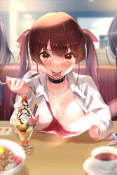 Rule 34 | 1girl, alternate costume, alternate eye color, alternate hair color, alternate universe, blouse, blurry, blurry foreground, blush, bra, bra pull, bra visible through clothes, breasts, brown eyes, brown hair, cherry stem knot, cleavage, clothes pull, collarbone, collared shirt, commentary request, cup, flashing, food, highres, hololive, hololive fantasy, houshou marine, ice cream, light censor, long hair, medium breasts, mole, mole on breast, nail polish, o-hako, one breast out, oppai challenge, out of frame, pov across table, red bra, red hair, red nails, red neckwear, shirt, solo, sundae, teacup, tongue, tongue out, twintails, underwear, virtual youtuber, white shirt
