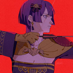 1girl, arrow (projectile), bangs, bernadetta von varley, blunt bangs, bow, bow (weapon), earrings, fire emblem, fire emblem: three houses, gloves, grey eyes, hair bow, hair ornament, highres, jewelry, long sleeves, nintendo, parted lips, purple hair, red background, roru (lol dessin), signature, simple background, solo, upper body, weapon, yellow gloves