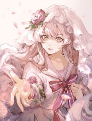 Rule 34 | 1girl, arcaea, beckoning, bow, bowtie, chinese commentary, clenched hand, closed mouth, collarbone, collared shirt, commentary request, cowboy shot, elicooc, eyelashes, flower, hat, hat flower, highres, hikari (arcaea), hikari (zero) (arcaea), leaf, long hair, long sleeves, looking at viewer, outstretched hand, petals, pink eyes, pink flower, pink hair, pleated skirt, red bow, red bowtie, red lips, sailor collar, school uniform, serafuku, shirt, simple background, skirt, smile, solo, very long hair, wavy hair, white background, white sailor collar, white serafuku, white shirt, white skirt, white sleeves, white veil