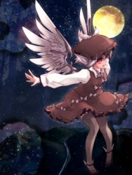 Rule 34 | 1girl, animal ears, brown thighhighs, dress, female focus, full moon, moon, mystia lorelei, night, outstretched arms, pigeon-toed, pink hair, red eyes, shoes, short hair, smile, solo, spread arms, thighhighs, touhou, urita (vivivinicol), winged footwear, wings