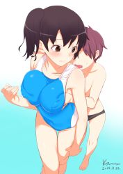 Rule 34 | 10s, 1boy, 1girl, absurdres, alternate costume, bad id, bad pixiv id, barefoot, blush, breasts, brown eyes, brown hair, collarbone, competition swimsuit, dated, grabbing, grabbing another&#039;s breast, grabbing from behind, hetero, highres, kaga (kancolle), kanna kanaki, kantai collection, large breasts, navel, one-piece swimsuit, short hair, side ponytail, signature, simple background, swimsuit