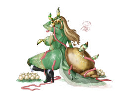 back blonde_hair blue_eyes boots breasts colored_skin cross egg entangled green_skin high_heel_boots high_heels large_breasts leucochloridium_paradoxum long_hair monster_girl nude original parasite pregnant snail stellar_xiela tentacles tongue tongue_out worm