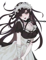 Rule 34 | :d, alternate costume, apron, bandaged arm, bandages, black dress, black ribbon, blush, breasts, brown eyes, brown hair, chain, chained, collar, collarbone, commentary request, danganronpa (series), danganronpa 2: goodbye despair, dress, enmaided, highres, large breasts, long hair, maid, maid headdress, messy hair, metal collar, mole, mole under eye, neck ribbon, open mouth, puffy short sleeves, puffy sleeves, ribbon, short sleeves, simple background, smile, tsumiki mikan, waist apron, white background, yuju (yuju1ike)