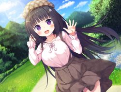 Rule 34 | 1girl, :d, absurdres, asa no ha (awayuki), black hair, blue sky, blunt bangs, blush, breasts, brown hat, brown skirt, cloud, commentary request, cowboy shot, day, dutch angle, grass, hair ornament, hairclip, hands up, hat, highres, kanojo to issho no kaerimichi, large breasts, lens flare, long hair, long sleeves, looking at viewer, mountain, official art, open mouth, outdoors, pink shirt, plaid headwear, purple eyes, shirt, shirt tucked in, skirt, sky, smile, solo, standing, straight hair, suspender skirt, suspenders, teeth, tented shirt, upper teeth only, urato chiri
