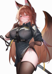 1girl animal_ear_fluff animal_ears arknights arm_up between_breasts black_shirt black_skirt blush breasts brown_gloves brown_hair brown_tail brown_thighhighs chinese_commentary closed_mouth clothes_lift collared_shirt come_hither commentary_request cowboy_shot elbow_gloves fox_ears fox_girl fox_tail franka_(arknights) gloves grey_panties hair_between_eyes high-waist_skirt index_finger_raised jpeg_artifacts lahz52 large_breasts lifting_own_clothes long_hair looking_at_viewer panties partial_commentary pleated_skirt sheath sheathed shirt short_sleeves side-tie_panties simple_background skirt skirt_lift smile solo standing strap strap_between_breasts sword tail tail_raised thighhighs underwear weapon white_background yellow_eyes