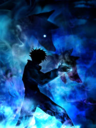 Rule 34 | 1boy, blue background, blue theme, dog shadow puppet, feet out of frame, fushiguro megumi, glowing, glowing eye, harada miyuki, high collar, highres, jujutsu kaisen, long sleeves, male focus, own hands together, pants, shadow puppet, short hair, silhouette, solo, spiked hair, standing