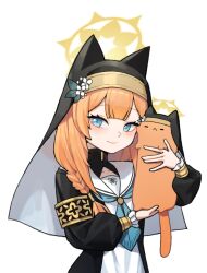 Rule 34 | 1girl, 28 (282teeth), animal, blue archive, blue eyes, braid, cat, commentary request, flower ornament, halo, highres, holding, holding animal, holding cat, korean commentary, looking at viewer, mari (blue archive), nun, orange cat, orange hair, simple background, smile