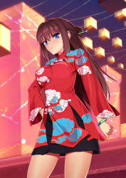 Rule 34 | 1girl, alternate costume, alternate hairstyle, aozaki aoko, black skirt, blue eyes, breasts, brown hair, china dress, chinese clothes, closed mouth, cloud print, commentary request, cqqz0707, dress, hair between eyes, hair bun, hair ornament, hair stick, hand on own hip, highres, lantern, large breasts, long hair, long sleeves, mahou tsukai no yoru, paper lantern, red dress, single hair bun, skirt, solo, upper body