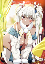 Rule 34 | 1girl, alabama (azur lane), alabama (untarnished silver silken gold) (azur lane), all fours, animal ears, architecture, azur lane, bare shoulders, body markings, breasts, china dress, chinese clothes, cleavage, commentary request, cropped jacket, curtains, dark-skinned female, dark skin, dress, east asian architecture, facial mark, fake animal ears, fake tail, fur-trimmed sleeves, fur collar, fur trim, highres, indoors, jacket, large breasts, long hair, looking at viewer, murasaki tsutsuji, off shoulder, official alternate costume, parted lips, rabbit ears, rabbit tail, red eyes, shadow, sidelocks, skindentation, sleeveless, sleeveless dress, solo, tail, thighhighs, toeless legwear, twintails, very long hair, whisker markings, white dress, white hair, white jacket, white thighhighs