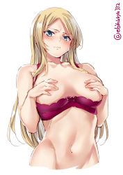 Rule 34 | 1girl, bare shoulders, blonde hair, blue eyes, bra, breasts, colored eyelashes, covering privates, covering breasts, covering nipples, cropped torso, ebifurya, frown, hands on own chest, highres, kantai collection, large breasts, lips, long hair, looking at viewer, navel, nelson (kancolle), parted bangs, red bra, serious, simple background, solo, stomach, twitter username, underwear, underwear only, white background
