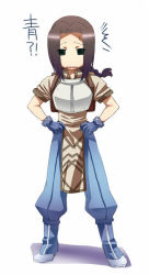 Rule 34 | 1boy, ^^^, armor, blue footwear, blue gloves, blue pants, braid, braided ponytail, breastplate, brown hair, brown shirt, commentary request, dated commentary, full body, gloves, green eyes, kawagoe pochi, long hair, looking at viewer, male focus, novice (ragnarok online), open mouth, pants, parted bangs, ragnarok online, shirt, shoes, short sleeves, simple background, solo, standing, white background