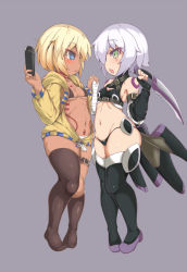 Rule 34 | 2girls, bandaged arm, bandages, bare shoulders, black gloves, black legwear, black panties, blonde hair, blue eyes, breasts, elbow gloves, eyebrows, fate/apocrypha, fate (series), female focus, full body, gloves, green eyes, highres, holding, holding hands, holding weapon, jack the ripper (fate/apocrypha), jacket, kago (htpxr), long sleeves, looking at another, multiple girls, navel, open clothes, open jacket, open mouth, original, panties, profile, shoes, silver hair, simple background, small breasts, standing, thighhighs, thighs, underwear, weapon