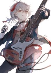 Rule 34 | choker, electric guitar, grin, guitar, haru same322, highres, holding, holding instrument, instrument, looking at viewer, multicolored hair, music, original, playing instrument, plectrum, red hair, simple background, smile, streaked hair, white background