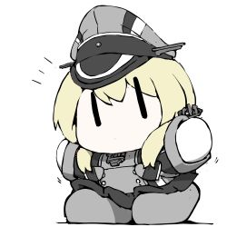 Rule 34 | 1girl, anchor, anchor hair ornament, black skirt, blonde hair, boots, chibi, gloves, grey footwear, hair ornament, hat, kantai collection, long sleeves, looking at viewer, military, military hat, military uniform, miniskirt, no mouth, peaked cap, pleated skirt, prinz eugen (kancolle), simple background, skirt, solo, task (s task80), twintails, uniform, waving, white background, white gloves, | |