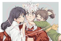 Rule 34 | 1boy, 2girls, absurdres, aged down, animal ears, bead necklace, beads, bow, closed eyes, father and daughter, hair bow, han&#039;you no yashahime, highres, higurashi kagome, inuyasha, inuyasha (character), japanese clothes, jewelry, kimono, long hair, mother and daughter, multiple girls, necklace, user dkjr4553
