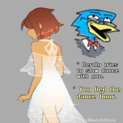 Rule 34 | 1boy, 1other, artist name, artist request, back, berdly (deltarune), bow, bowtie, brown hair, deltarune, dress, from behind, hair over eyes, kris (deltarune), legs, multicolored hair, see-through, see-through dress, see-through silhouette, shiny clothes, short hair, streaked hair