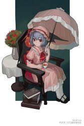 Rule 34 | 1girl, absurdres, armchair, artist name, ascot, black footwear, blue hair, blush, book, book stack, bow, chair, closed mouth, collared shirt, commentary, copyright notice, cup, expressionless, flower, frilled shirt collar, frills, full body, hair between eyes, hat, hat ribbon, highres, holding, holding cup, holding umbrella, kofi-mo, looking at viewer, mary janes, mob cap, parasol, pink hat, pink shirt, pink skirt, puffy short sleeves, puffy sleeves, red ascot, red bow, red eyes, red flower, red ribbon, remilia scarlet, ribbon, shirt, shoes, short hair, short sleeves, sitting, skirt, solo, table, tea, teacup, thighhighs, touhou, umbrella, vase, white thighhighs