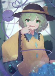 Rule 34 | 1girl, black hat, blurry, blurry background, commentary request, finger to mouth, green eyes, green hair, hat, hat ribbon, heart, heart of string, highres, komeiji koishi, light particles, long sleeves, looking at viewer, matcha yado, open mouth, ribbon, shirt, short hair, solo, third eye, touhou, upper body, wide sleeves, yellow ribbon, yellow shirt