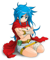 Rule 34 | 1girl, ahoge, bad id, bad pixiv id, bandages, belt, blue eyes, blue hair, bracelet, breasts, breasts squeezed together, breath of fire, breath of fire i, cape, embarrassed, facial mark, forehead mark, full body, genderswap, genderswap (mtf), jewelry, kanchiyo, kneeling, long hair, matching hair/eyes, messy hair, necklace, ryuu (breath of fire i), simple background, skirt, solo, topless