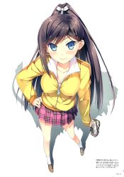 Rule 34 | 10s, 1girl, absurdres, black hair, blue eyes, blush, breasts, cleats, collarbone, cover, cover page, full body, hand on own hip, hentai ouji to warawanai neko., highres, holding, holding shoes, jacket, kantoku, long hair, looking at viewer, novel cover, plaid, plaid skirt, pleated skirt, ponytail, shoes, unworn shoes, skirt, smile, solo, track jacket, tsutsukakushi tsukushi, white background