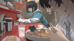 Rule 34 | 1boy, 1girl, 38 (sanjuuhachi), black hair, blue eyes, blue hair, blue necktie, blunt bangs, blurry, blush, bob cut, chopsticks, collared shirt, colored inner hair, commentary request, cup, depth of field, drooling, eating, faceless, faceless male, food, food request, highres, holding, holding chopsticks, holding phone, hood, hood down, hoodie, leaning forward, long sleeves, looking at food, multicolored hair, necktie, noodles, open collar, original, parted lips, phone, ramen, saliva, shirt, short hair, sidelocks, sweat, thick eyelashes, two-tone hair, two-tone hoodie, water, white shirt