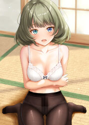 1girl :o absurdres arms_under_breasts black_pantyhose blush bob_cut bra breasts ca_paria collarbone commentary_request crossed_arms green_hair heterochromia highres idolmaster idolmaster_cinderella_girls indoors looking_at_viewer medium_breasts mole mole_under_eye panties panties_under_pantyhose pantyhose sitting solo takagaki_kaede tatami underwear wariza white_bra white_panties