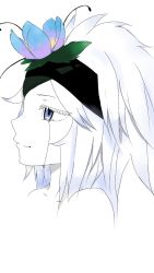 Rule 34 | 10s, 1girl, blue eyes, crying, crying with eyes open, eyepatch, flamie speeddraw, flower, from side, hair flower, hair ornament, hairband, portrait, rokka no yuusha, short hair, simple background, solo, tears, white background, white hair