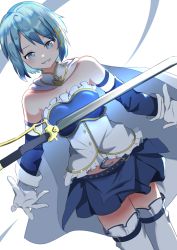 Rule 34 | 1girl, baruko-go, blue eyes, blue hair, blue skirt, blue sleeves, breasts, cape, commentary request, detached sleeves, dutch angle, floating, floating object, floating sword, floating weapon, fortissimo, gloves, hair ornament, light blush, looking at viewer, mahou shoujo madoka magica, mahou shoujo madoka magica (anime), medium breasts, medium hair, midriff, miki sayaka, musical note, musical note hair ornament, saber (weapon), skirt, smile, solo, soul gem, sword, thighhighs, weapon, white cape, white gloves, white thighhighs, zettai ryouiki
