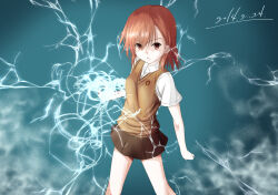Rule 34 | 1girl, bare arms, blue background, breasts, brown skirt, brown sweater, brown sweater vest, brown vest, commentary, electricity, electrokinesis, emblem, feet out of frame, hair between eyes, hair ornament, hairpin, highres, looking at viewer, medium breasts, medium hair, miniskirt, misaka mikoto, mu- (tel445566), parted lips, pleated skirt, psychic, school emblem, shirt, short sleeves, skirt, sleeveless, sleeveless sweater, solo, standing, summer uniform, sweater, sweater vest, thighs, toaru kagaku no railgun, toaru majutsu no index, v-shaped eyebrows, vest, white shirt