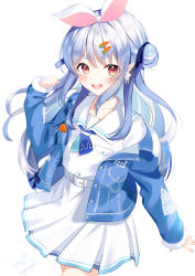 Rule 34 | 1girl, :d, belt, blue hair, blue jacket, blue neckerchief, blue ribbon, blush, carrot hair ornament, commentary request, cowboy shot, double bun, eyes visible through hair, food-themed hair ornament, hair bun, hair ornament, hair ribbon, hand up, highres, hololive, jacket, long hair, long sleeves, looking at viewer, multicolored hair, neckerchief, open clothes, open jacket, open mouth, pleated skirt, red eyes, ribbon, sailor collar, segawa luna, shirt, short eyebrows, signature, simple background, skirt, smile, solo, standing, streaked hair, teeth, thick eyebrows, upper teeth only, usada pekora, usada pekora (casual), virtual youtuber, white background, white belt, white hair, white sailor collar, white shirt, white skirt