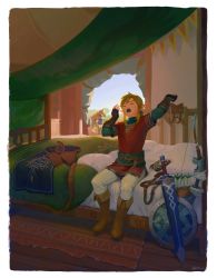 Rule 34 | 2boys, arms up, arrow (projectile), bed sheet, belt, belt buckle, blanket, blonde hair, boots, border, bow (weapon), brown footwear, buckle, carpet, day, earrings, fingerless gloves, fringe trim, full body, gloves, highres, horse, hylian set (zelda), indoors, jewelry, knee boots, link, long hair, low ponytail, male focus, multiple boys, nintendo, on bed, open mouth, pants, pillow, pointy ears, quiver, saddle, sheath, sheathed, sheikah slate, shield, sidelocks, signature, sitting, solo focus, stretching, sunlight, sword, the legend of zelda, the legend of zelda: breath of the wild, tunic, waking up, weapon, white border, white pants, wooden floor, yawning