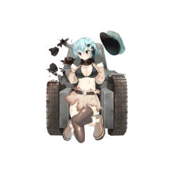 Rule 34 | 1girl, arms up, belt, black legwear, blue hair, blush, boots, bra, breasts, brown eyes, cannon, cleavage, empty eyes, full body, hair ornament, hairclip, hat, headphones, large breasts, looking at viewer, martin (milihime taisen), milihime taisen, military hat, mittens, navel, official art, scarf, torn clothes, transparent background, underwear