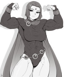Rule 34 | 1girl, absurdres, belt, bracelet, breasts, cape, covered navel, dc comics, female focus, flexing, forehead jewel, highres, jewelry, large breasts, leotard, looking at viewer, monochrome, muscular, muscular female, raven (dc), short hair, solo, speedl00ver, teen titans, thick thighs, thighs, veins, veiny arms