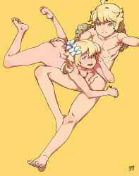Rule 34 | 1boy, 1girl, 2022, :d, ac120, aether (genshin impact), ass grab, barefoot, blonde hair, blush, braid, braided ponytail, brother and sister, closed mouth, collarbone, completely nude, dated, feet, flower, genshin impact, hair flower, hair ornament, hand on own cheek, hand on own face, highres, incest, long hair, looking at viewer, lumine (genshin impact), lying, lying on person, medium hair, nude, on stomach, open mouth, parted lips, penis, siblings, simple background, smile, spread legs, testicles, thighs, toes, twincest, twins, uncensored, yellow background, yellow eyes