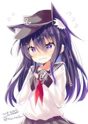 Rule 34 | 1girl, akatsuki (kancolle), anchor symbol, animal ears, blush, cat ears, closed mouth, flat cap, hair between eyes, hair ornament, hairclip, hat, highres, hizaka, kantai collection, kemonomimi mode, long hair, looking at viewer, messy hair, neckerchief, one-hour drawing challenge, pleated skirt, purple eyes, purple hair, red neckerchief, school uniform, serafuku, simple background, skirt, solo, wavy mouth, white background