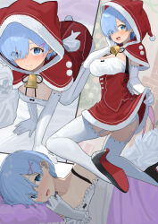 Rule 34 | 1girl, absurdres, all fours, alternate costume, animal ear hood, bare shoulders, bell, black footwear, blue eyes, blue hair, blunt bangs, blush, breasts, capelet, cleavage, closed mouth, commentary request, dress, elbow gloves, fake animal ears, fur-trimmed capelet, fur-trimmed dress, fur-trimmed hood, fur trim, gloves, hand on own cheek, hand on own face, high heels, highres, hood, kneeling, looking at viewer, lying, mameroku, neck bell, on side, open mouth, parted bangs, re:zero kara hajimeru isekai seikatsu, red capelet, red dress, red hood, rem (re:zero), sack, santa costume, short hair, smile, solo, thighhighs, white gloves, white thighhighs